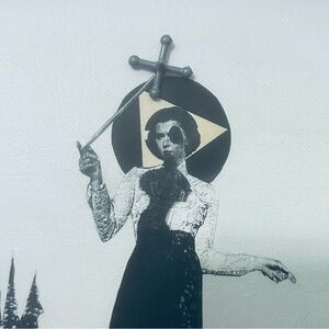 THE CHASER Original Mixed Media Framed Collage on Canvas Black + White 8x10”